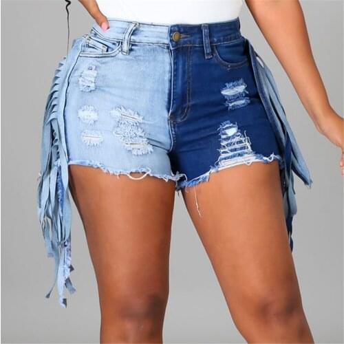 Sexy Ripped Patchwork Tassel Denim Shorts Women High Waist Straight Hit Color Streetwear Jeans Shorts 2021 Summer Short Jeans