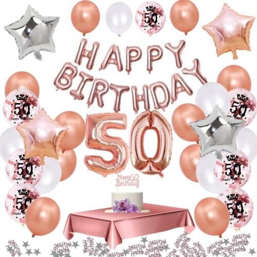 35pcs/set Rose Gold 50 Birthday Decoration Party Tablecloth Balloon 50 Years Anniversary Happy Birthday Rose Gold Decor Supplies