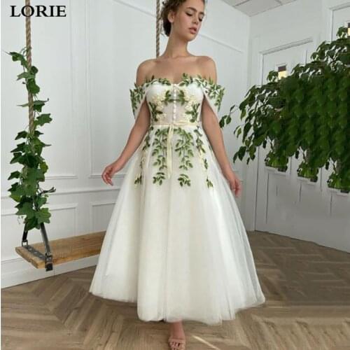 LORIE Ivory Boho Wedding Dress A Line Off The Shoulder 3D Appliqued Lace Bride Dresses Tea Length Wedding Gowns