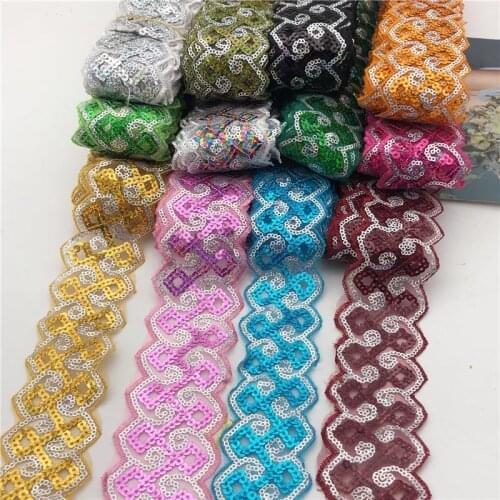 Cheap Sequin Fabric Venise Decorated Braided Edge Metallic Bridal wedding lace Trim ribbon for garment DIY Craft