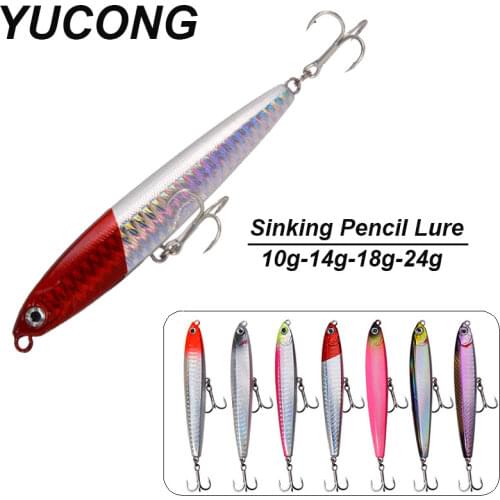 YUCONG 7PCS Sinking Pencil Lures 10-14-18-24g Bass Stickbait Saltwater Fishing Lures Pike Trolling Lures With 3X Treble Hooks
