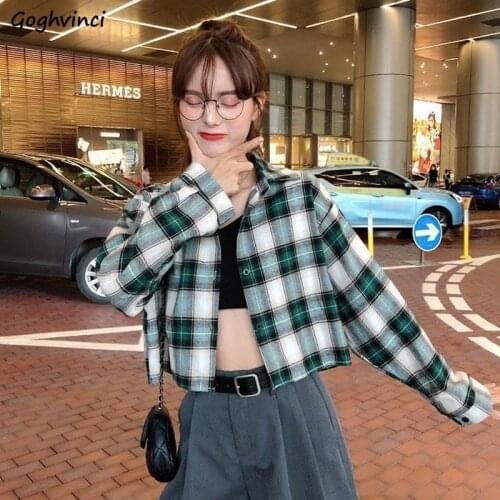 Blouses Shirts Women Plaid Long Sleeve Crop Top All-match Korean Style Leisure Preppy Street Loose Womens Fashion Ins Chic Retro