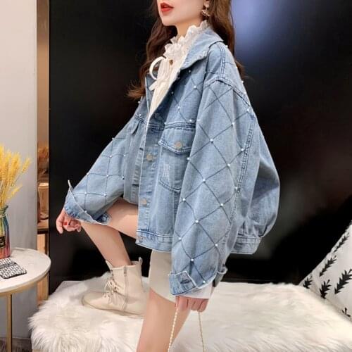 Korean Style Retro Female Jean Coat Loose Long Sleeve Ladies Coat 2021 New Spring Autumn Fashion Pearls Women Denim Jackets