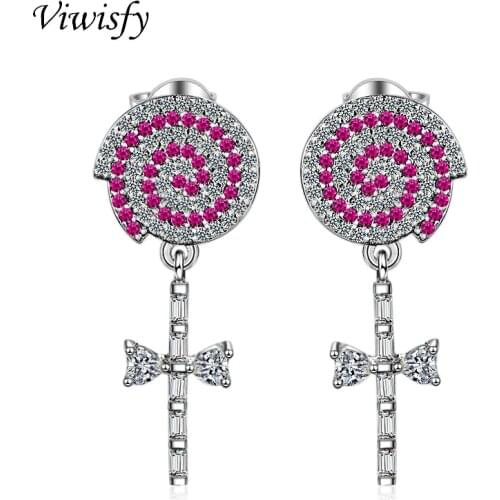 Viwisfy Luxury Vintage Crystal Stud Jewelry Lollipop Cross Solid 925 Sterling Silver Earrings For Women VW21080