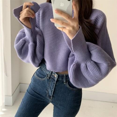 Women Hit Color Knit Sweater Fall Winter Loose Sexy Slash Neck Short Knit Pullovers For Female Lantern Sleeve Split Woman Jumper