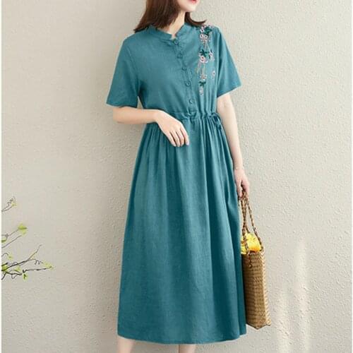 Embroidery Floral Cotton Linen Vintage Dress Draw String Slim Office Lady Work Dress Plus Size Women Summer Fashion Long Dress