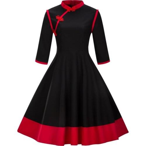 Vintage Dress Women Autumn Winter 3/4 Sleeve Stand Collar Black Red Patchwork Party Dress Female Robe Retro Rockabilly Vestidos