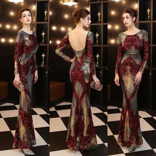 O-neck Full Sleeve Luxury Sequins Evening Dress Elegant Mermaid Formal Robe Sexy Backless Women Party Long Vestidos De Festa