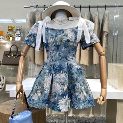 Summer French Style Vintage Short Sleeve Empire Floral Jacquard Mini Dress Women Luxurious Elegant Princess Party Dress Robes