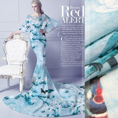 135cm wide 12mm floral and birds print blue silk linen fabric for summer shirt dress a little transparent and hard fabric D334