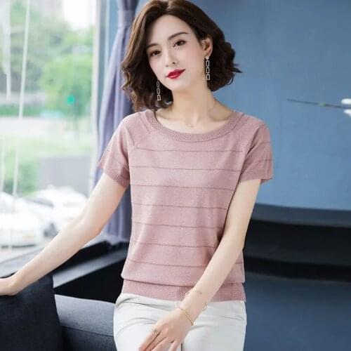 2021 Summer Ice Silk Knit T-Shirt For Women Solid Colors Plus Size 3XL Round Neck Kintted Tops Korean Short Sleeve Knitwear Tees