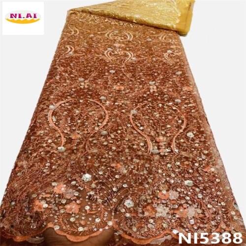 African Fabric High End Style Simple And Noble Design Sequined Embroidered Orange Lace Embroidery Fabric For Dress NI5388-2