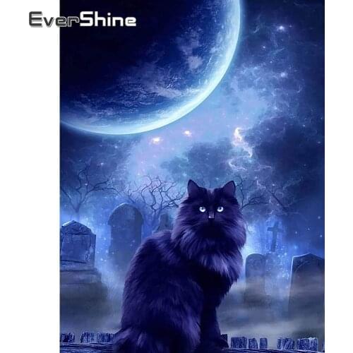 EverShine DIY Diamond Embroidery Animal Full Drill Square Diamond Painting Black Cat Picture Mosaic Rhinestones Moon Handicraft