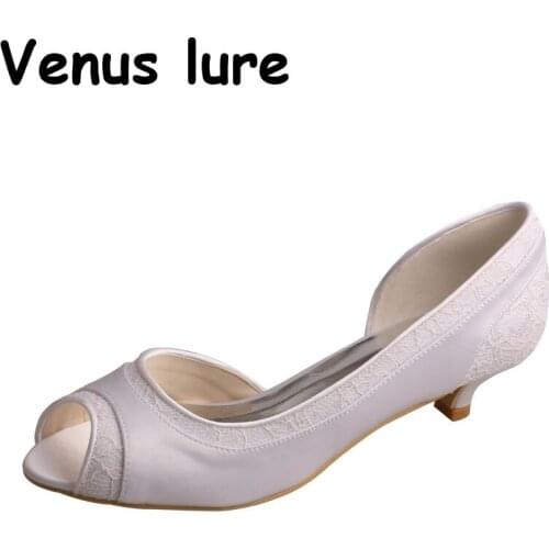 D'orsay Lace White Wedding Shoes for Bride Low Heel Peep Toe Female Pumps