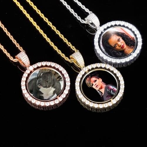 Custom Make Photos Rotating Double-sided Pendant Necklace for Women Men Medallions AAA Cubic Zircon Rope Chain Hip Hop Jewelry