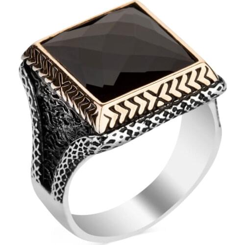 Faceted Square Black Zircon Gemstone Ring Vintage Turkish Jewelery Handcarved Men Accessories Modern Luxury Silver Ring
