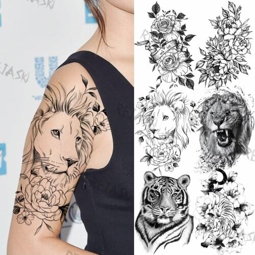 Pencil Sketch Lion Peony Temporary Tattoos For Women Men Realistic Tiger Dahlia Flora Fake Tattoo Sticker Sexy Arm Chest Tatoos