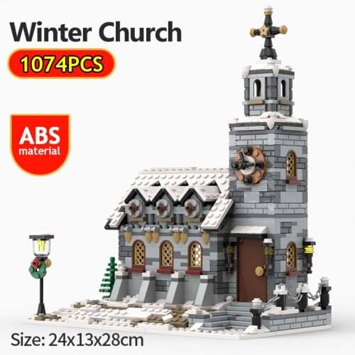 City Street View Building Blocks MOC Christmas Village Winter Church Architecture House Model Bricks DIY Toys for Kids Xmas Gift