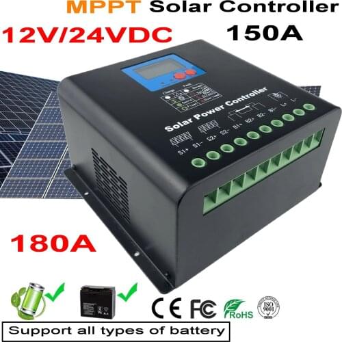 150A 180A 12V/24V Auto Solar Panel Battery Charge Controller MPPT LCD Display Solar Collector Two cooling fans