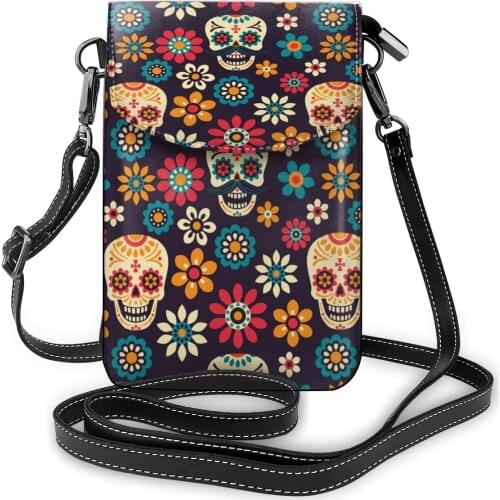 OLN Sugar Skulls And Flowers Day Of The Dead Cell Phone Purse Smartphone Wallet Leather Shoulder Strap Handbag Women Bag