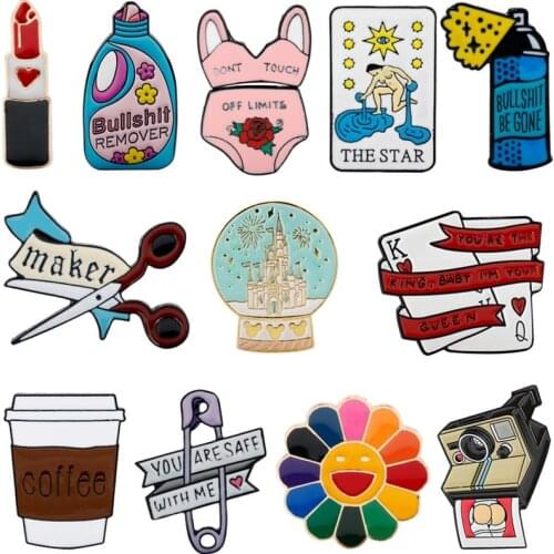 Fashion Lipstick Bikini Crystal Ball Sunflower Scissors Rainbow Enamel Brooches Angel Camera Record Coffee Cup Pill Lapel Pins