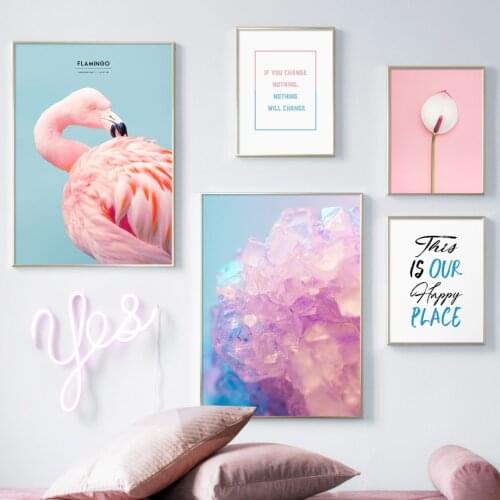 Wall Art Canvas Painting Pink Flower Flamingo Purple Crystal Quote Nordic Posters And Prints Wall Pictures For Living Room Decor