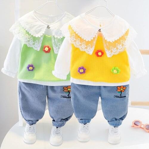 Baby girl clothes autumn lace blouse childrens three-piece knitted flower vest cute suit jeans girls 0-4 years old fashion suit