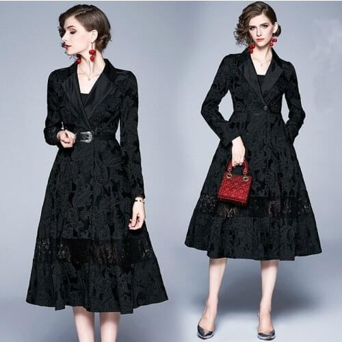 Spring Fall Winter Floral Embroideried Jacquard Lace Patchwork Lapel Neck Belt Button Long Sleeve Women Long Wrap Coat Outwear