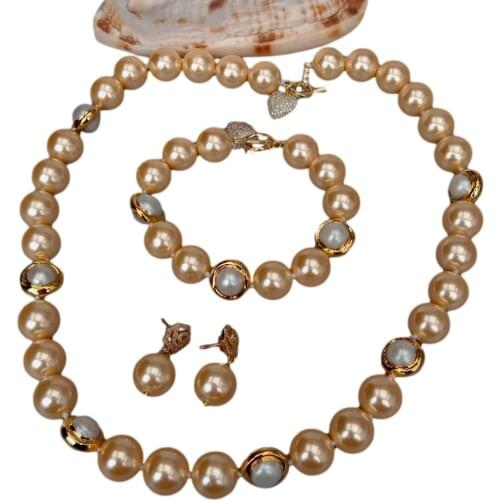Champagne Sea Shell Pearl Cultured White Pearl Electroplated Necklace Bracelet Earrings Set Women Jewelry