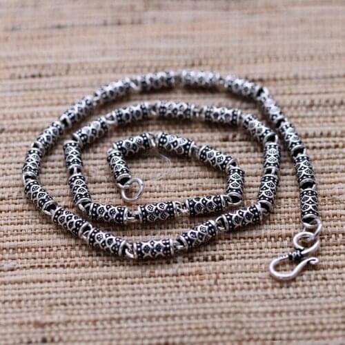 Pure S925 Sterling Silver Necklace Chain Mens Ethnic cylinder Beads Necklace Heavy Gold