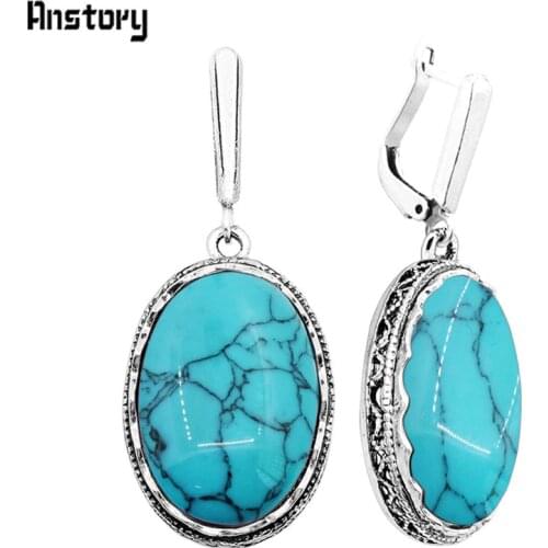 Hollow Flower Pendant Big Oval Stone Earrings For Women Antique Silver Plated Party Special Hook Fashion Jewelry TE356