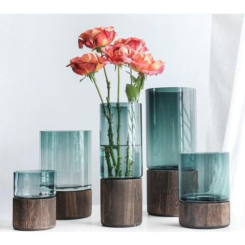 European Style Glass Vase Wooden Base Dried Flower Hydroponic Countertop Vase Living Room Art Decoration Home Decoration Modern