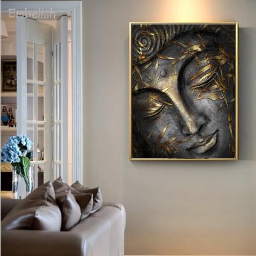 Embelish 1 Pieces Head Of Lord Buddha Statue With Golden Leaves Home Decor Wall Pictures For Living Room Canvas Painting Artwork