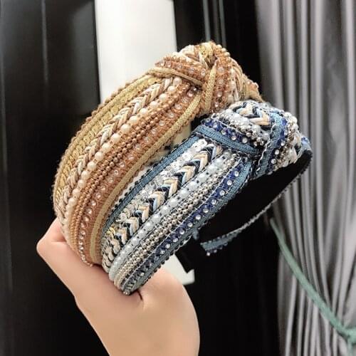 Knitting National Style Knot Hairbands Headbands For Women Korea Hair Accessories Girls Hair Bands Rhinestone Pearl Head Wrap