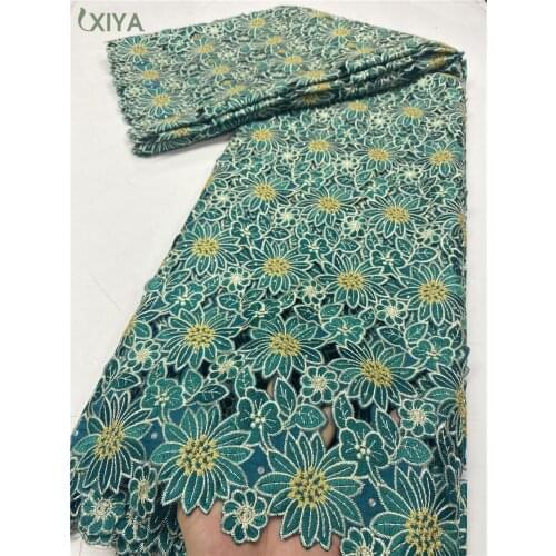 Embroidery Swiss Voile Lace in Switzerland Green African Hand Cut Cotton Lace Fabric with Stones Big Cotton Laces Fabrics