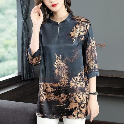 Stylish Vintage Women Shirt Stand-Op Collar Casual Loose Blouses Temperament Print Tops Ladies Mujer Blusas Spring Autumn MM0853