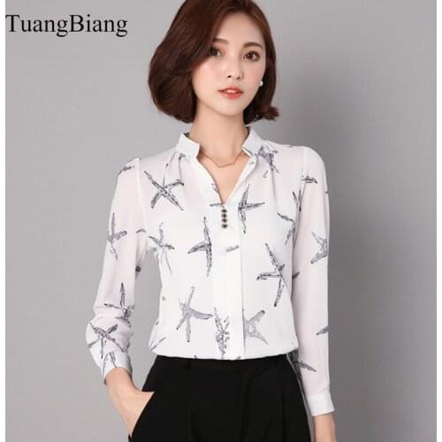Starfish Print 2020 Women Spring Long Sleeve Chiffon Shirts Female Stand Collar Cotton Blouse femme elegant Casual Autumn Tops