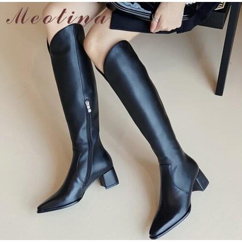 Meotina Long Boots Women Shoes Real Leather High Heel Western Boots Zip Pointed Toe Thick Heels Knee High Boots Autumn Winter 40
