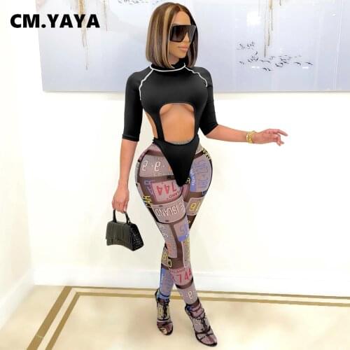 CM.YAYA Women Set Short Sleeve O-neck Zip Hollow Out Bodysuit Print Pencil Pants Two 2 Piece Sets Sexy Fashion Outfit Summer