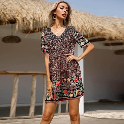 2021 Womens V-neck Pullover Loose Jumpsuit Short Skirt with Button-shaped Flower Pattern Fashionable and Charming sexy dress