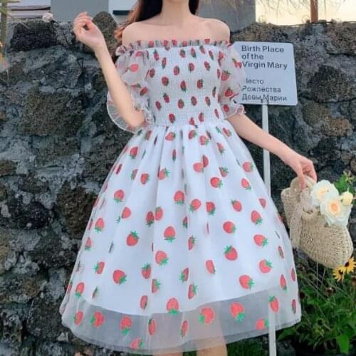 Strawberry Dress Womens French Lace Chiffon Sweet Dress Casual Puff Sleeve Elegant Printed Kawaii Dress Womens 2021 New