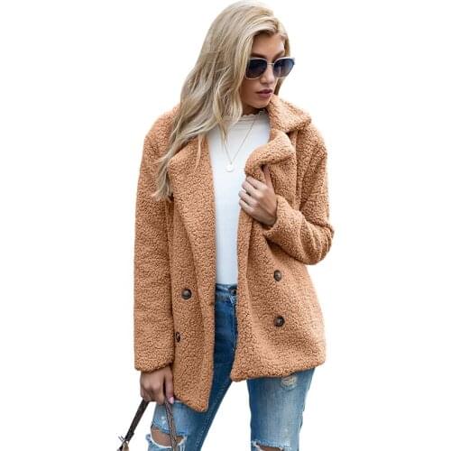 CINESSD Women Autumn Winter Fleece Coat Lapel Long Sleeve Button Cardign Casual Jackets Solid Double Breasted Lamb Wool Coats