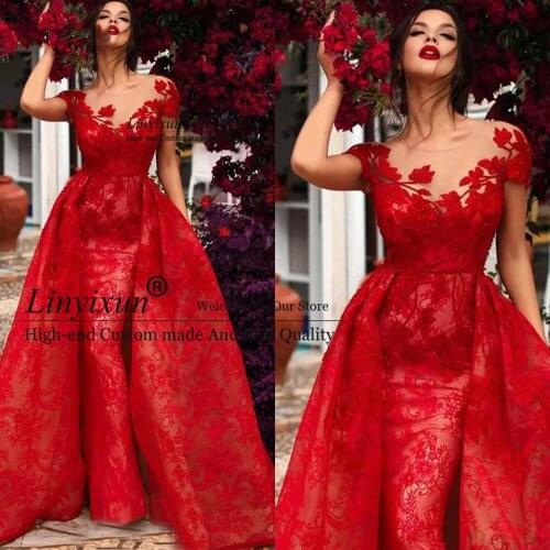 Hot Short Sleeve Red Lace Evening Dresses 2021 Mermaid Prom Dress Long Appliqué Elegant Bridal Gown Custom Made Robe De Soiree