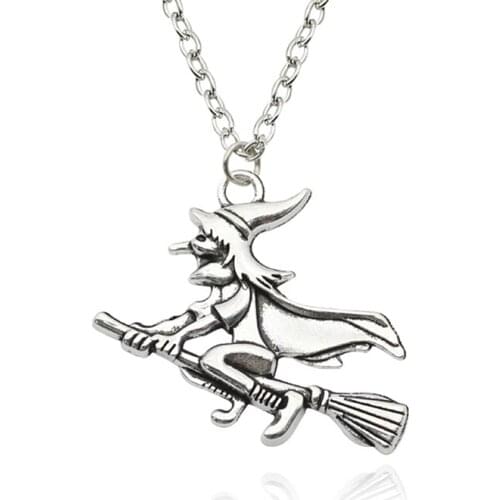 1 PC Halloween Witch Riding a Broom Pendant Necklace Witch Broomstick Silver Color Pendant Necklace Dropship New Arrival