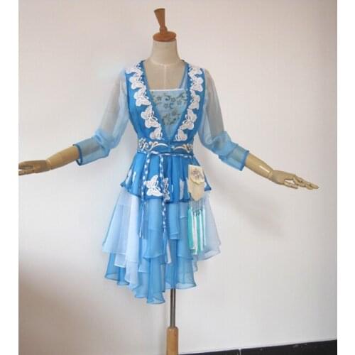 2 Design Feng Qing Xue 2014 TV Play Gujianqitan Antique Sword Legend Drama Costume Cosplay Blue Gradient Color Swordlady Costume