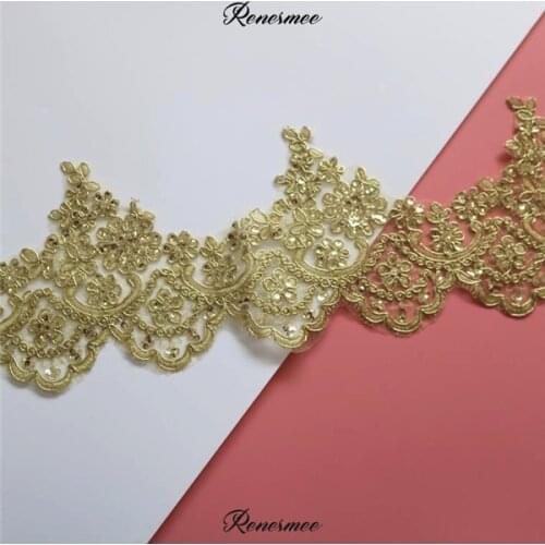 3Yard Sequin Gold Thread Lace Flower Applique Trim Edge Handmade diy Material Wedding Clothing Applique Flower Timimg 13cm SX360