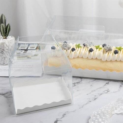 6pcs Transparent Cake Roll Packaging Box with Tray Portable Swiss Roll Containers Dessert Holder (Long)