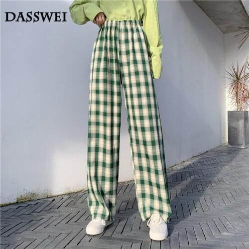 DASSWEI Fashion Plaid Print Wide Leg Pants For Women Elastic High Waist Loose Long Straight Trousers Femme Plus Size Streetwear