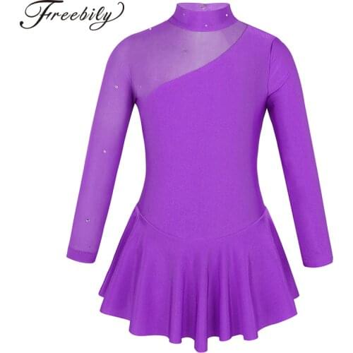 Kids Girls Ballroom dress Figure Ice Skating Dress Rhinestone Tulle Long Sleeves Child Gymnastics Leotard Ballet Dance Costumes