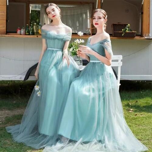 Bridesmaids Dresses Illusion Short V-Neck A-Line Tulle Pleat Off The Shoulder Floor-Lengh Luxury Women Wedding Party Gown E637